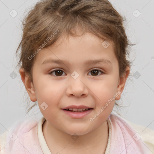 Joyful white child female with medium  brown hair and brown eyes