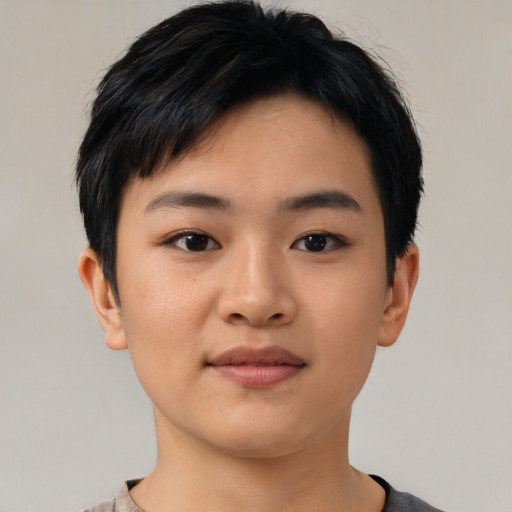 Neutral asian young-adult female with short  black hair and brown eyes