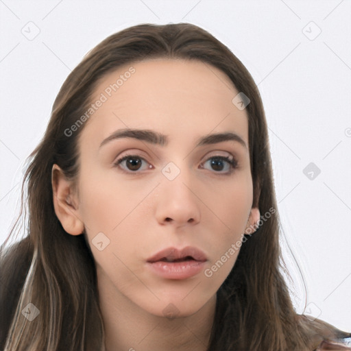 Neutral white young-adult female with long  brown hair and brown eyes