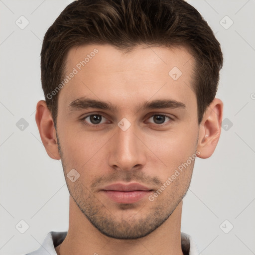 Neutral white young-adult male with short  brown hair and brown eyes