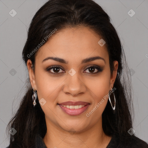 Joyful latino young-adult female with long  brown hair and brown eyes