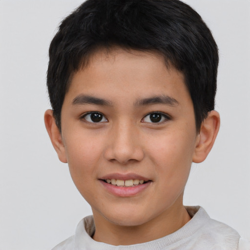 Joyful asian child male with short  brown hair and brown eyes