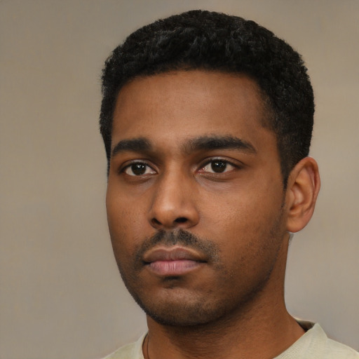 Neutral black young-adult male with short  black hair and brown eyes