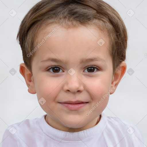 Joyful white child male with short  brown hair and brown eyes