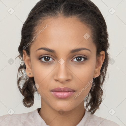 Neutral latino young-adult female with long  brown hair and brown eyes