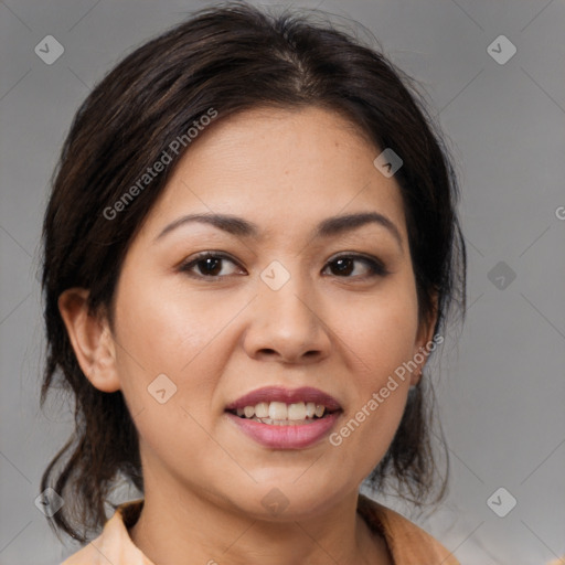 Joyful latino young-adult female with medium  brown hair and brown eyes