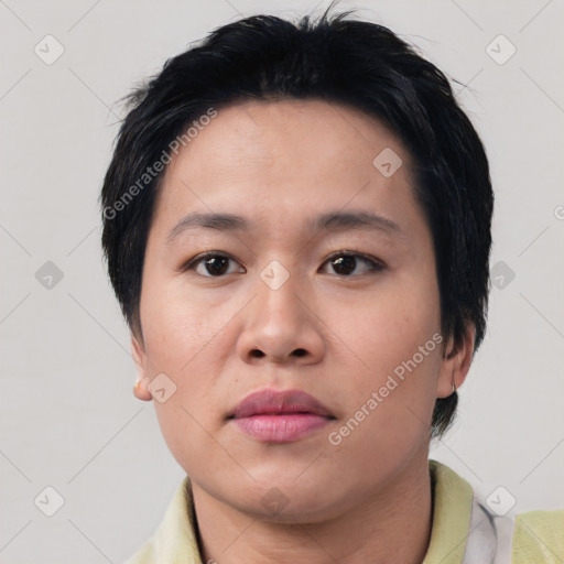 Neutral asian young-adult female with short  brown hair and brown eyes