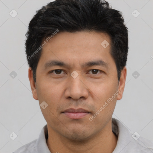 Neutral asian young-adult male with short  black hair and brown eyes