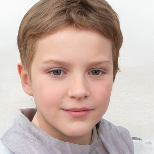 Joyful white child female with short  brown hair and brown eyes