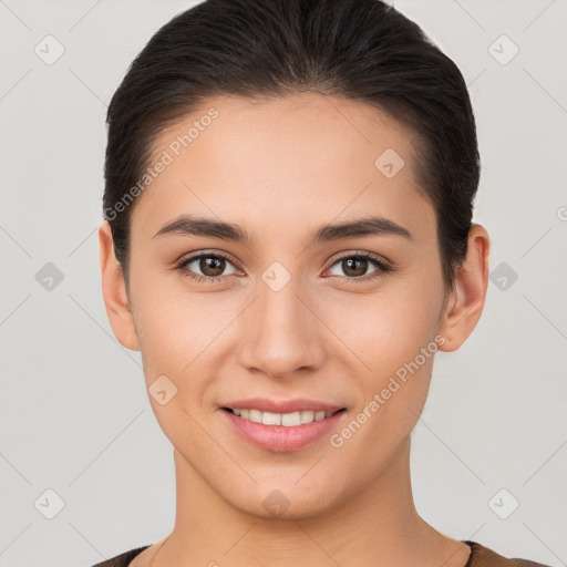 Joyful white young-adult female with short  brown hair and brown eyes