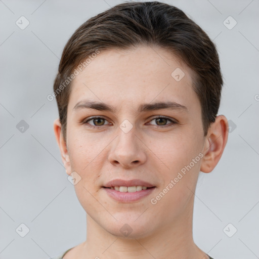 Joyful white young-adult female with short  brown hair and brown eyes