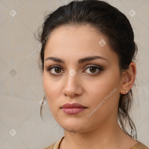 Neutral white young-adult female with medium  brown hair and brown eyes