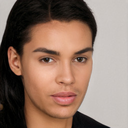 Neutral latino young-adult male with long  brown hair and brown eyes