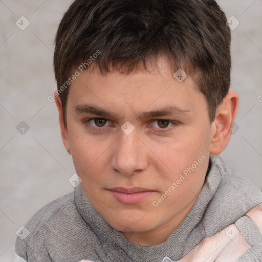 Neutral white young-adult male with short  brown hair and grey eyes