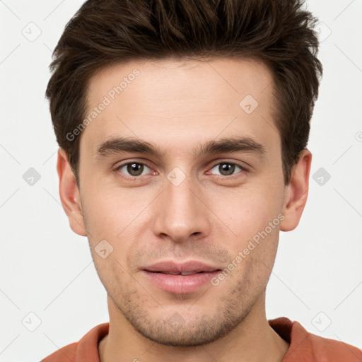 Neutral white young-adult male with short  brown hair and brown eyes