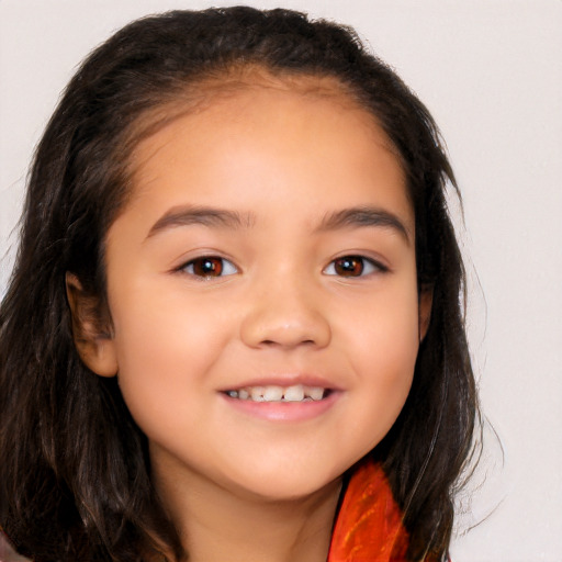 Joyful white child female with long  brown hair and brown eyes