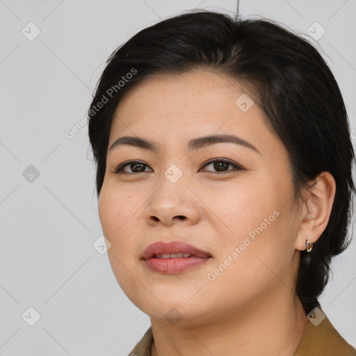 Joyful asian young-adult female with medium  brown hair and brown eyes