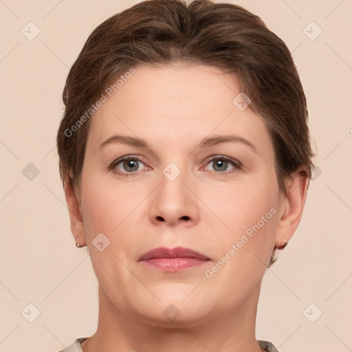 Neutral white young-adult female with short  brown hair and brown eyes