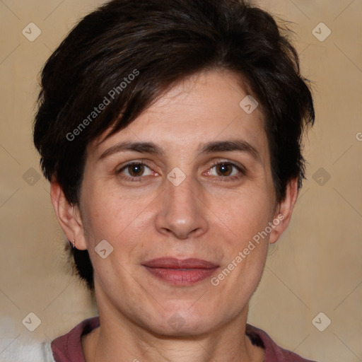 Joyful white adult female with short  brown hair and brown eyes