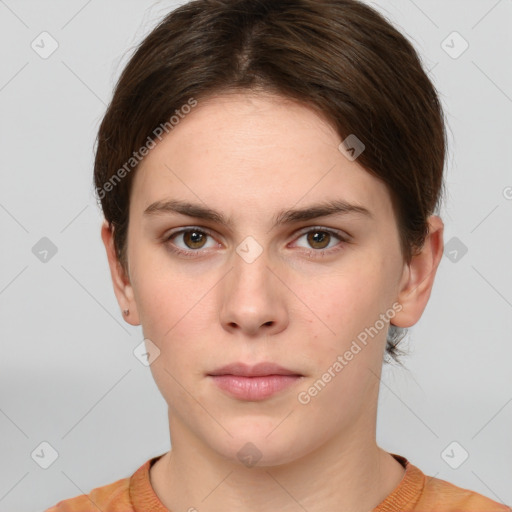 Neutral white young-adult female with short  brown hair and grey eyes