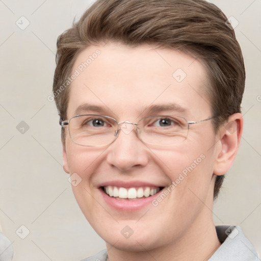 Joyful white adult male with short  brown hair and grey eyes