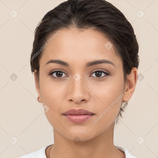 Neutral white young-adult female with short  brown hair and brown eyes