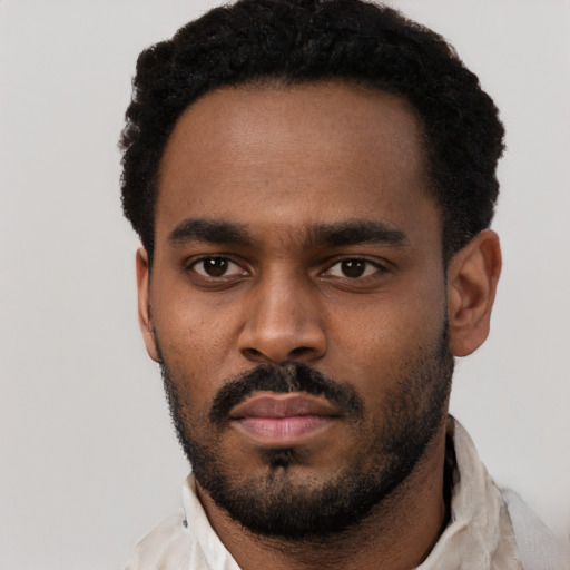 Neutral black young-adult male with short  black hair and brown eyes