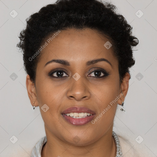 Joyful black young-adult female with short  brown hair and brown eyes