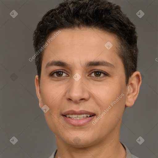 Joyful white adult female with short  brown hair and brown eyes