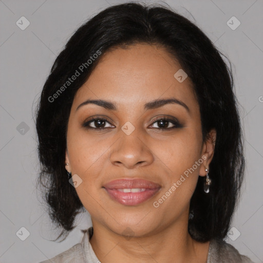 Joyful black young-adult female with medium  black hair and brown eyes