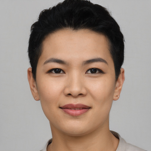 Joyful asian young-adult female with short  black hair and brown eyes