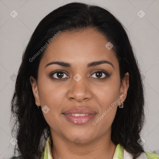 Joyful black young-adult female with medium  black hair and brown eyes