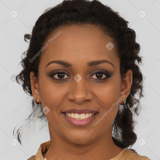 Joyful black young-adult female with long  brown hair and brown eyes