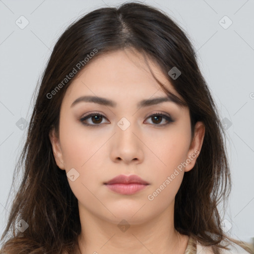 Neutral asian young-adult female with long  brown hair and brown eyes