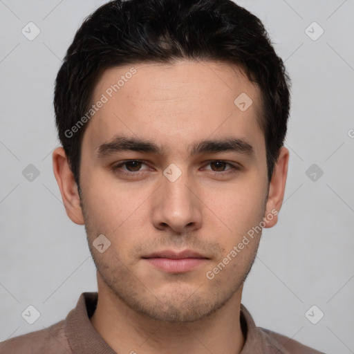 Neutral white young-adult male with short  brown hair and brown eyes