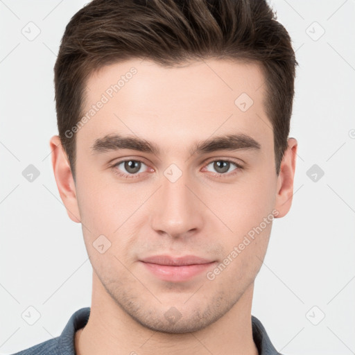 Neutral white young-adult male with short  brown hair and brown eyes