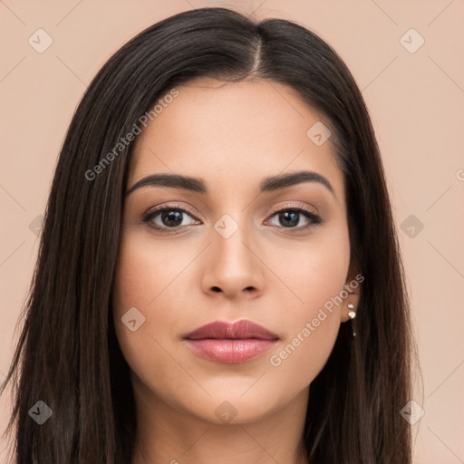 Neutral white young-adult female with long  brown hair and brown eyes