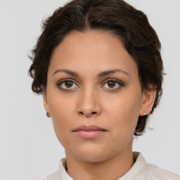 Neutral white young-adult female with short  brown hair and brown eyes