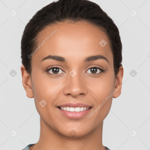 Joyful white young-adult female with short  brown hair and brown eyes