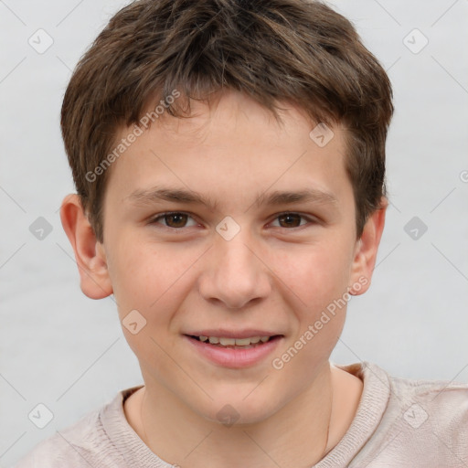 Joyful white child male with short  brown hair and brown eyes