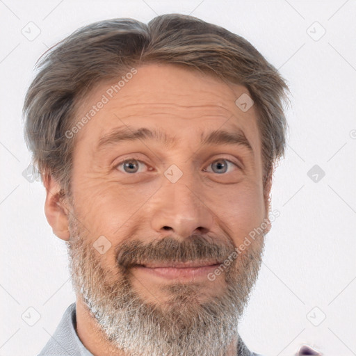 Joyful white middle-aged male with short  brown hair and brown eyes