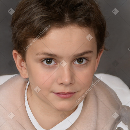 Joyful white child female with short  brown hair and brown eyes