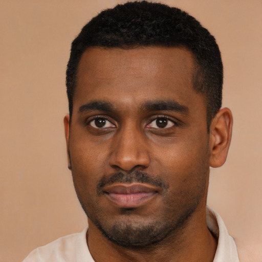 Neutral black young-adult male with short  black hair and brown eyes