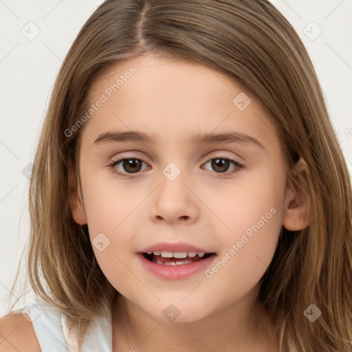 Joyful white child female with long  brown hair and brown eyes