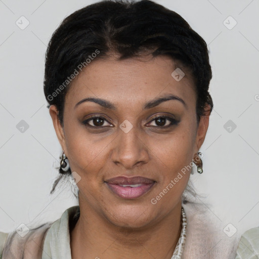 Joyful latino young-adult female with short  brown hair and brown eyes