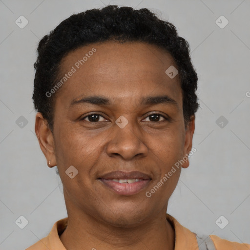 Joyful latino adult male with short  brown hair and brown eyes