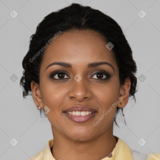 Joyful black young-adult female with medium  brown hair and brown eyes