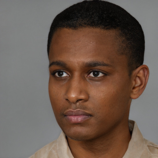 Neutral black young-adult male with short  black hair and brown eyes
