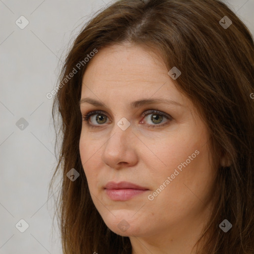 Neutral white young-adult female with long  brown hair and brown eyes