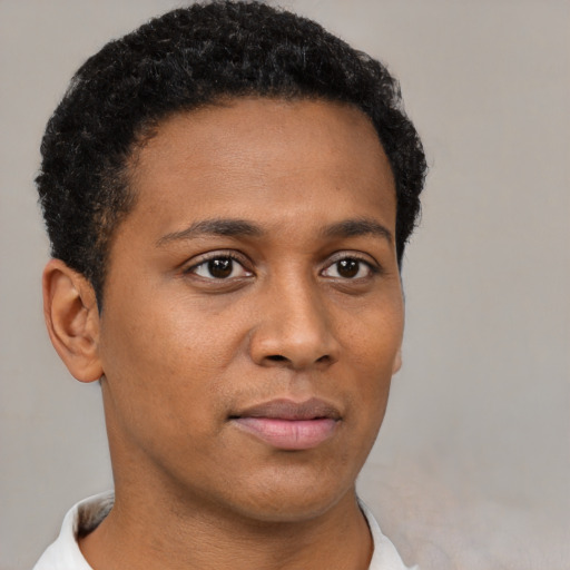 Neutral black young-adult male with short  black hair and brown eyes